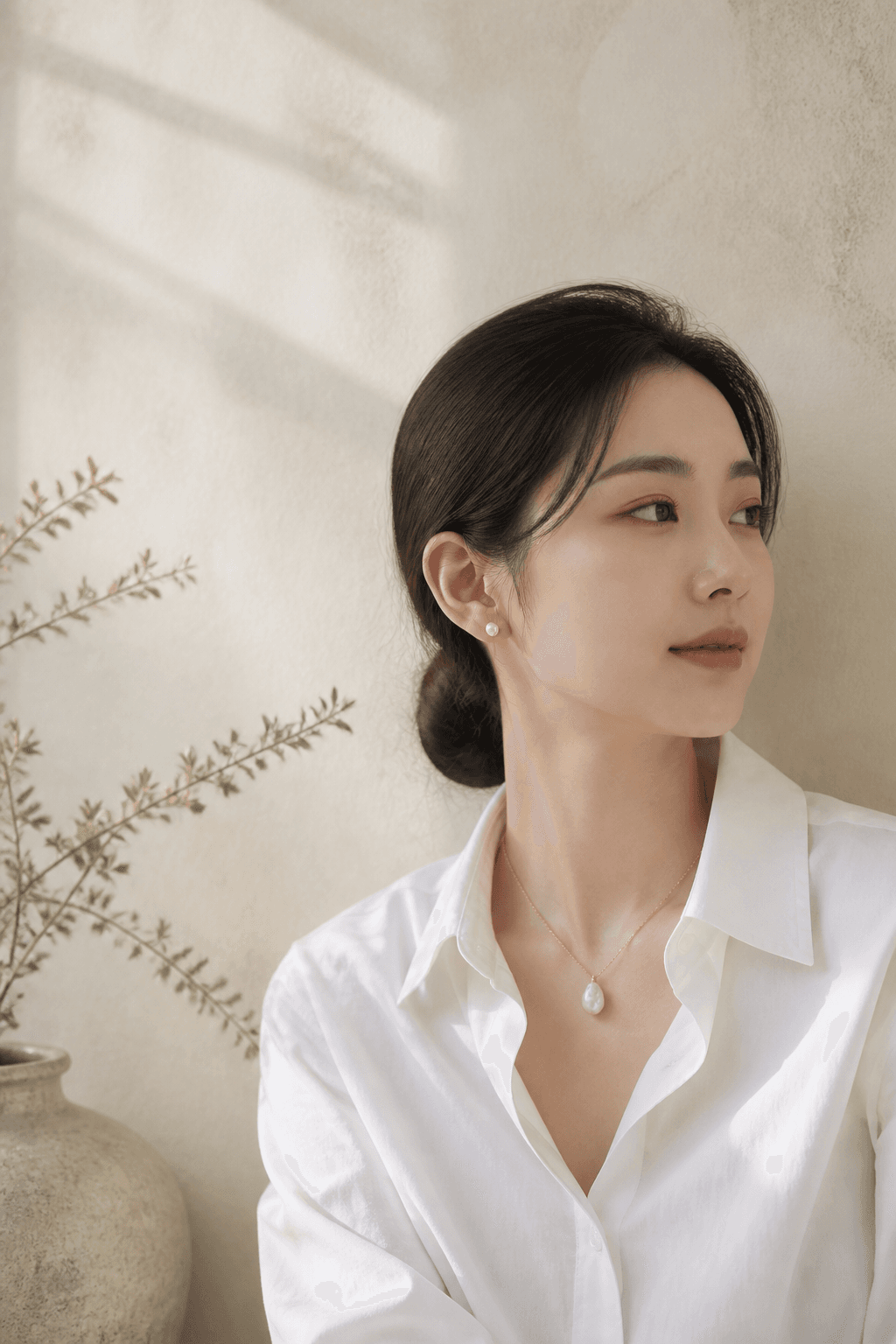 Pearl jewellery worn in a quiet editorial setting